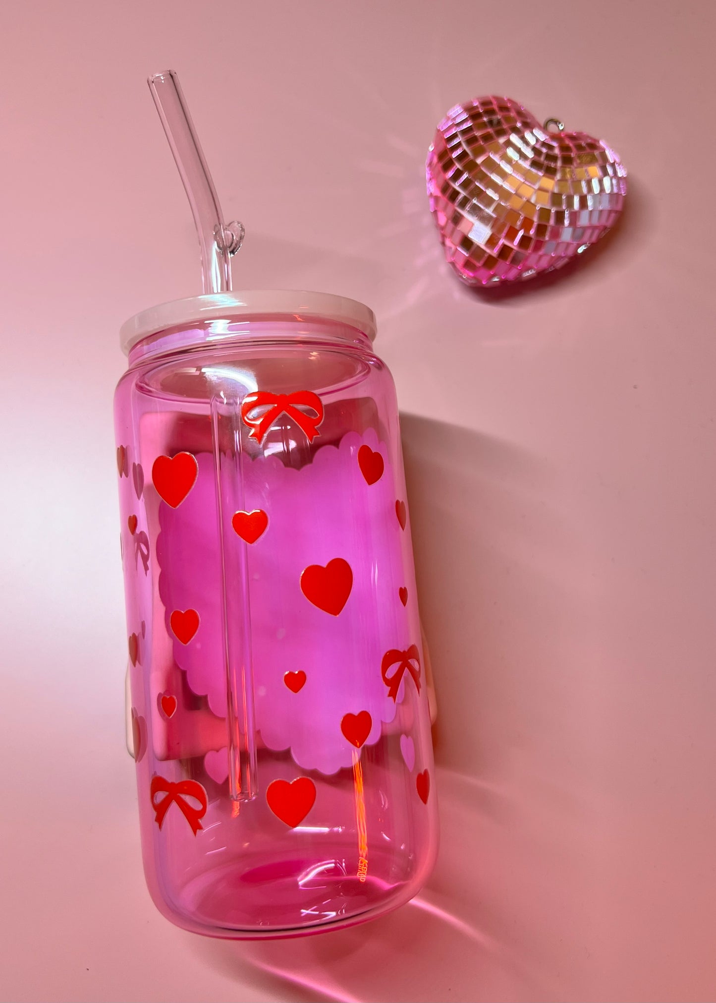 Pink Kitty Valentine 16oz Glass cup