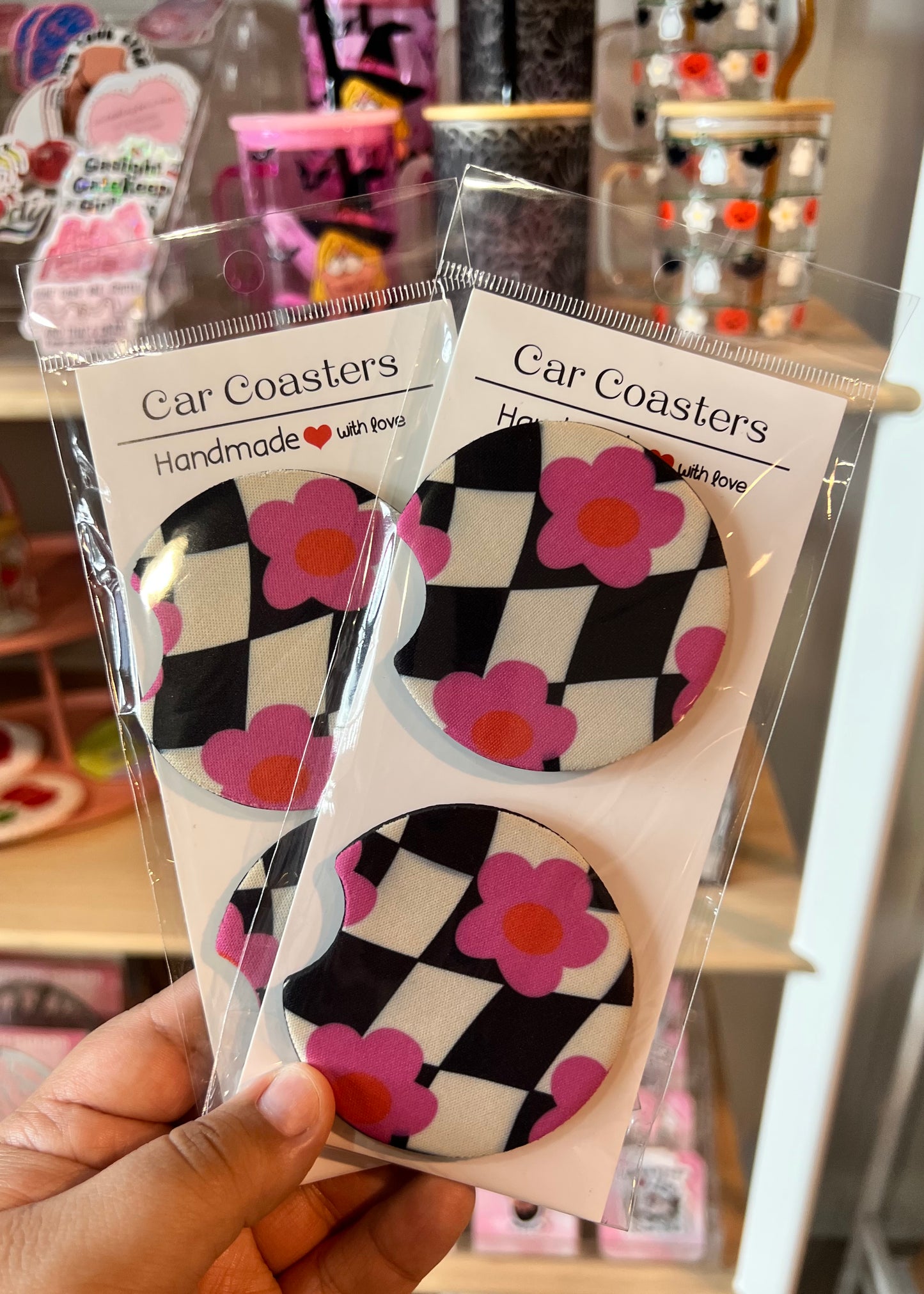 Checkered Pink Flowers Car Coaster Set