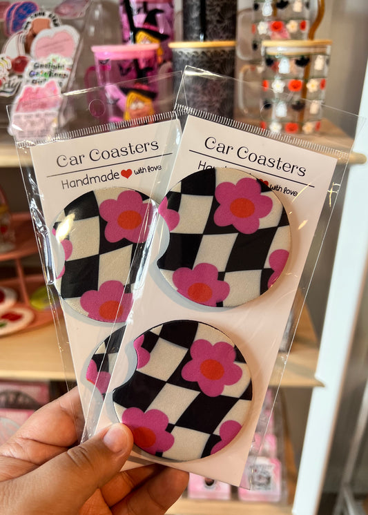 Checkered Pink Flowers Car Coaster Set