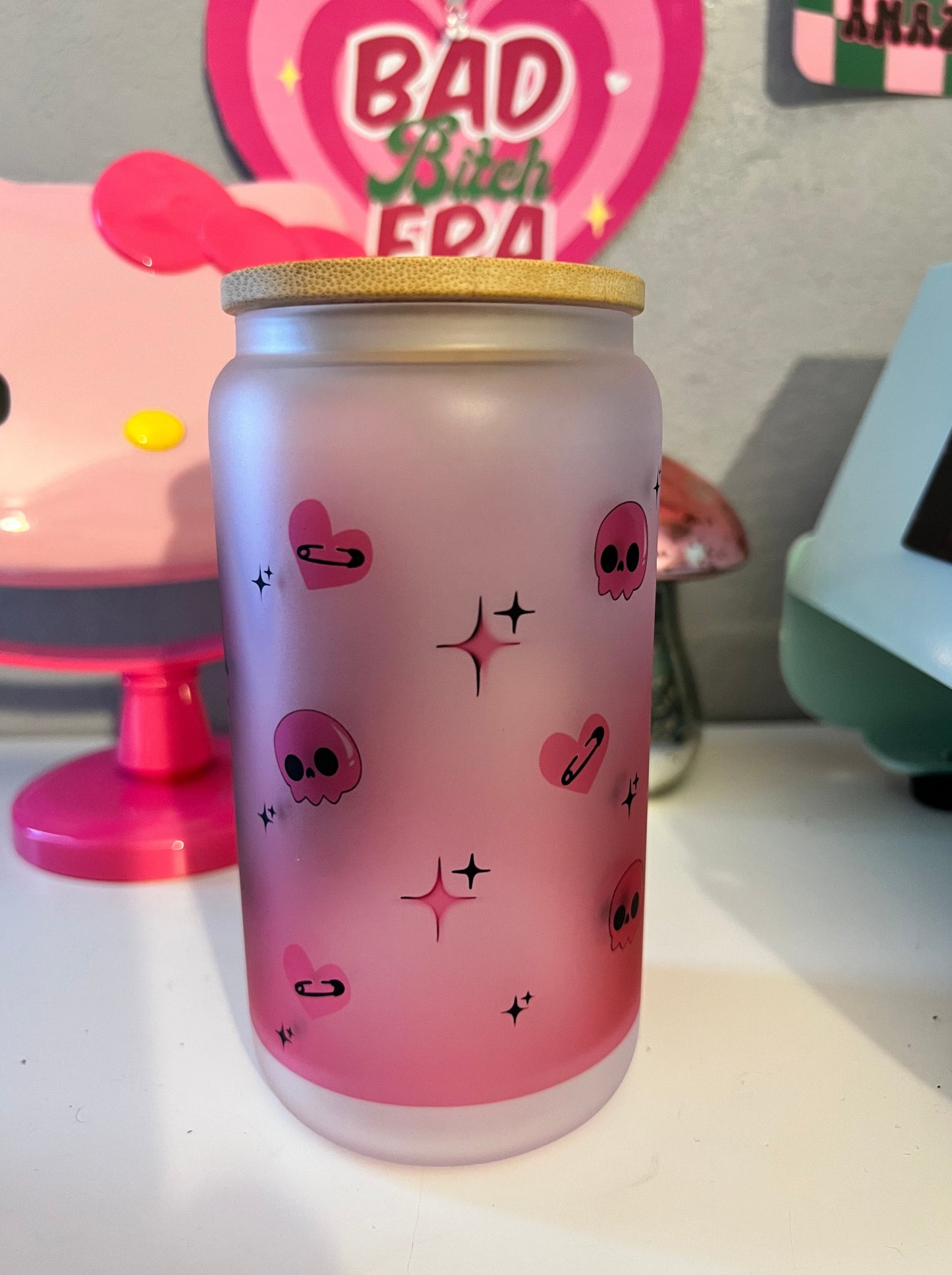 Pink Punk Kitty 16oz Glass Cup