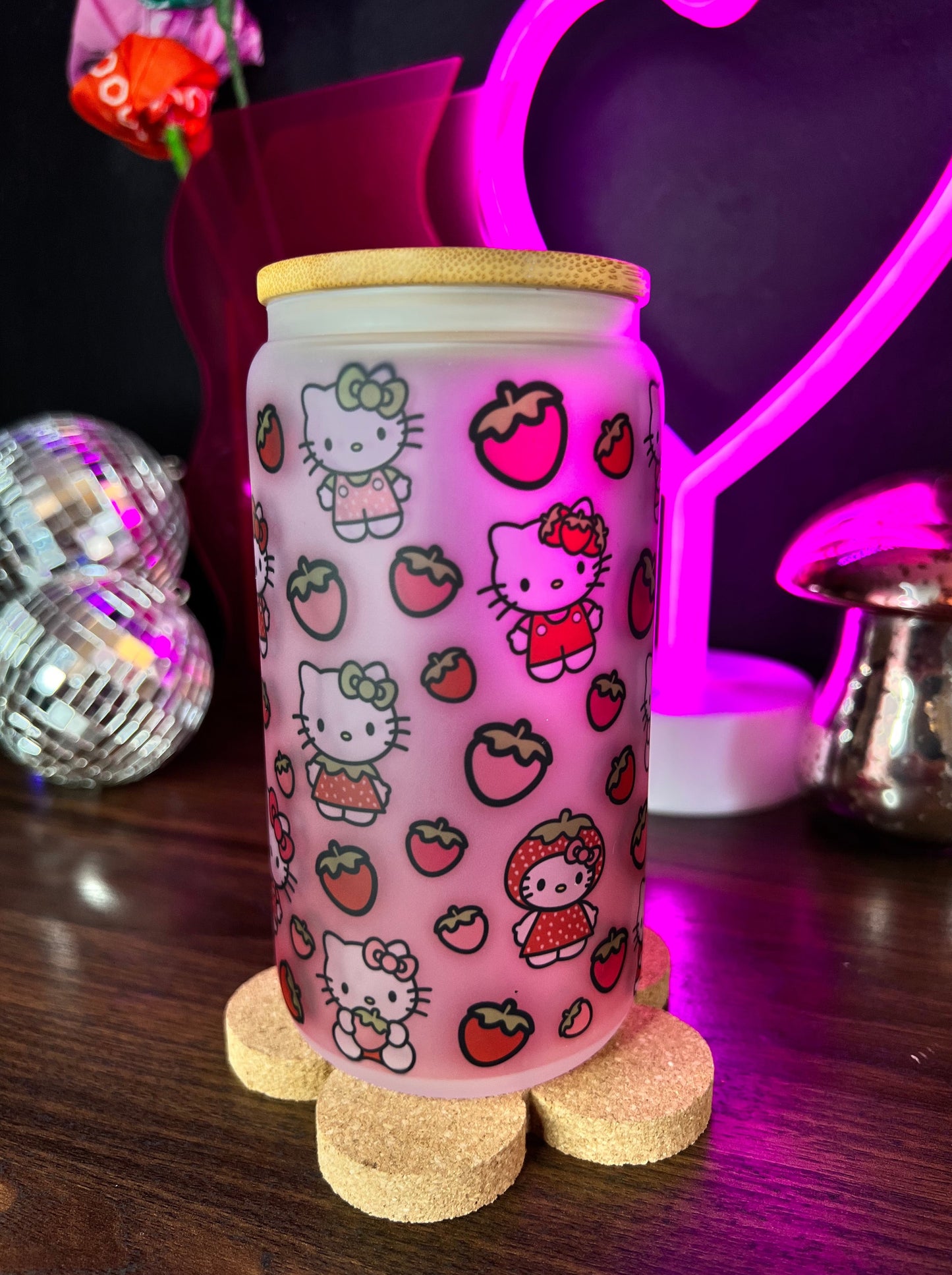 Hello Strawberry Kitty 16oz Glass cup