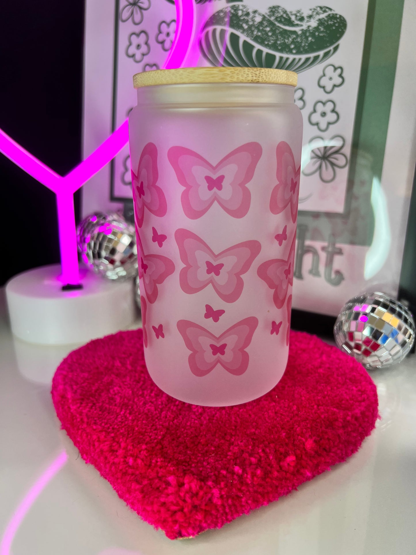 Butterfly Pink Power 16oz Glass cup