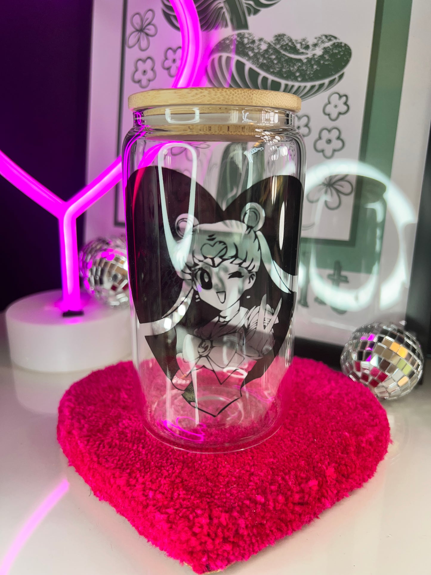 Sailor Moon B&W 16oz Glass cup