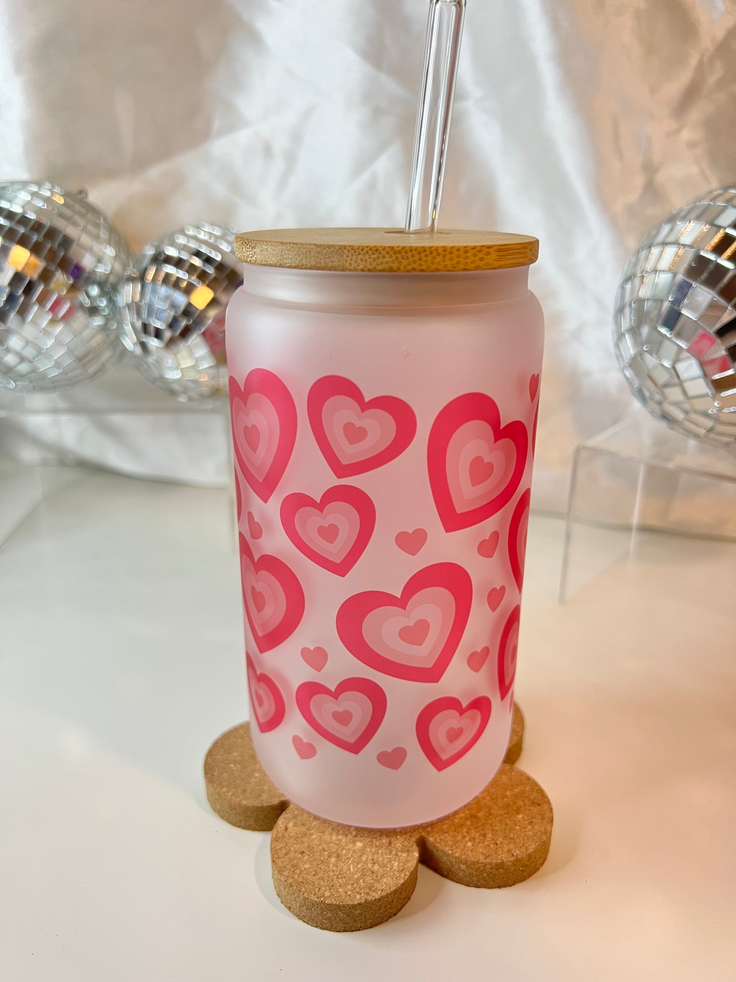 Pink Heart Power 16oz Glass cup